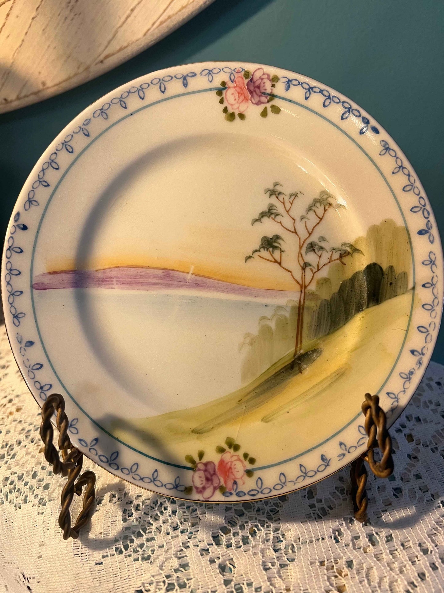 Antique Nippon Landscape Plate | Hand-Painted Porcelain | Floral Border Japan Export Era