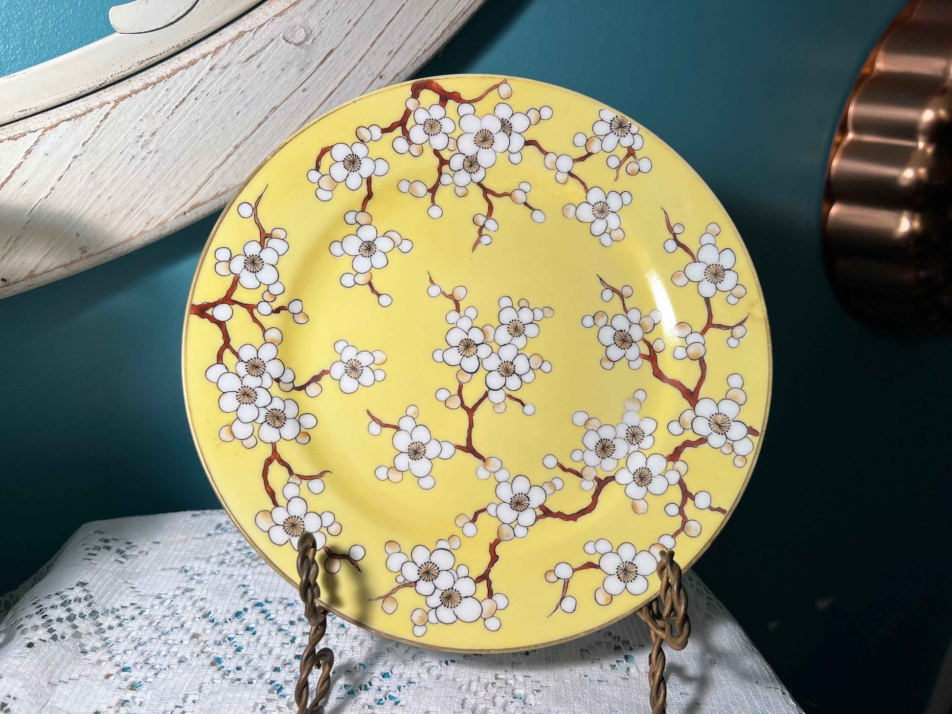 Vintage Nippon Hand Painted Platter Yellow W/ White Flowers