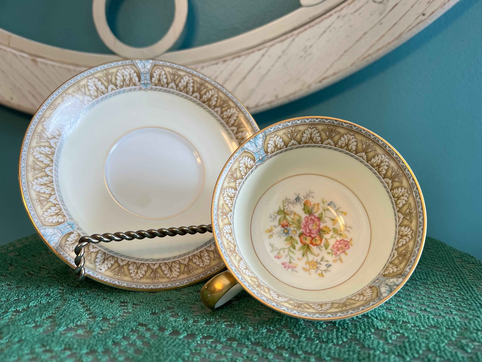 Noritake Claire Footed Teacup & Saucer Set (Pattern 657) - Set of 2 | Vintage Japanese Porcelain