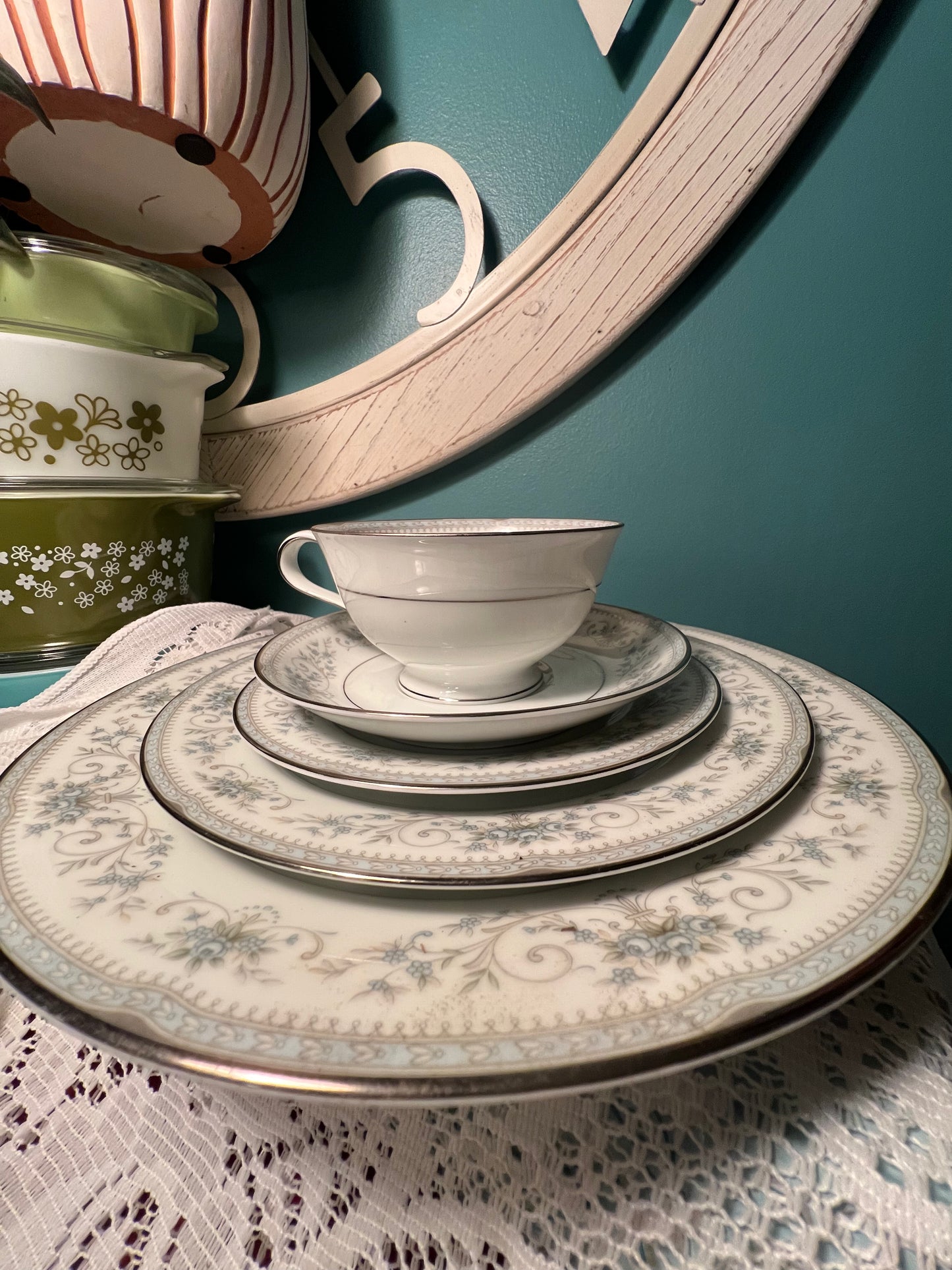 Vintage Noritake Colburn bone china dinnerware set with blue floral border