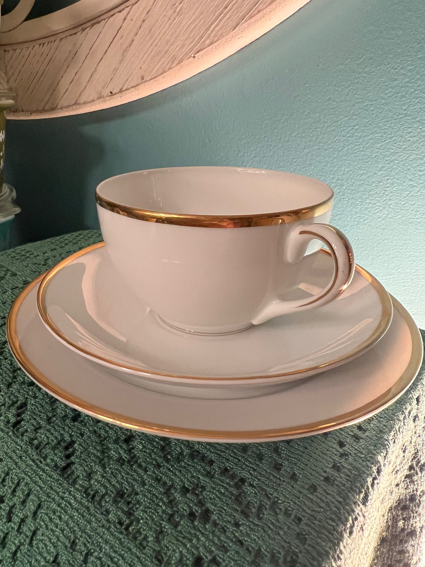 Vintage Noritake “M” cup saucer and small plate set with hand-painted gold trim
