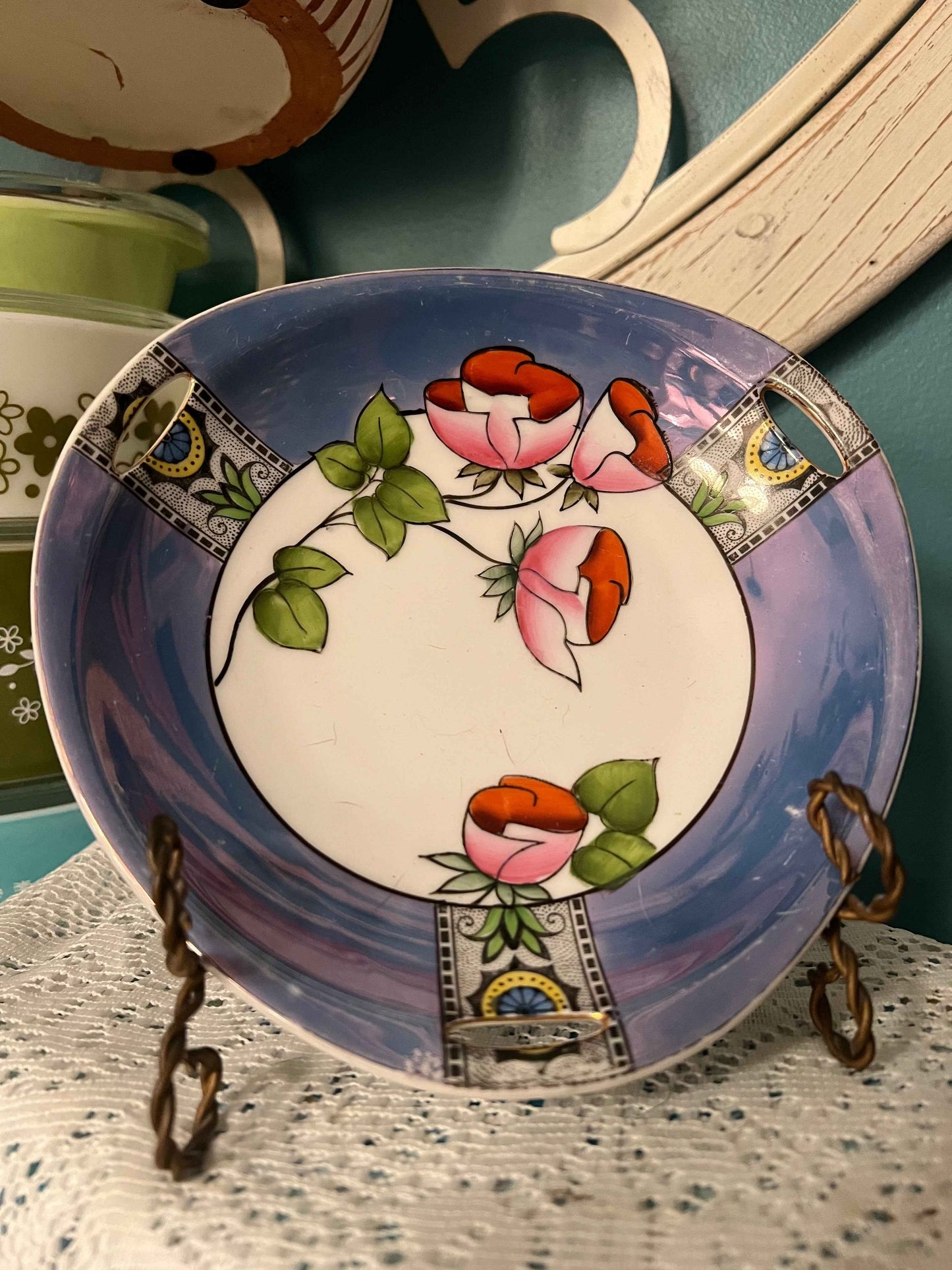 Noritake Morimura Hand-Painted Lusterware Tidbit Dish | Floral Center | Blue Luster Rim