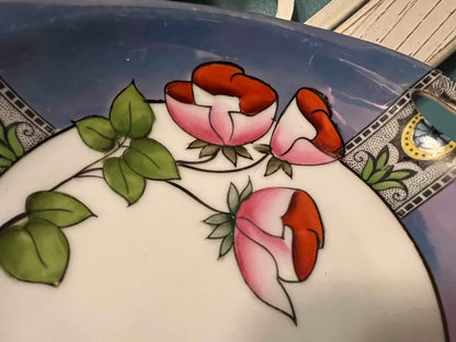 Noritake Morimura Hand-Painted Lusterware Tidbit Dish | Floral Center | Blue Luster Rim
