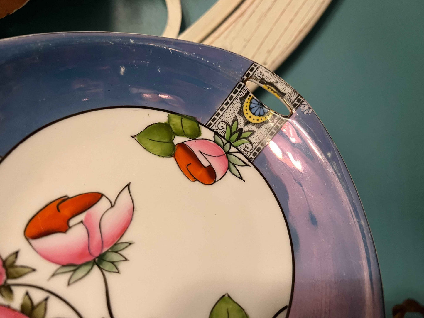 Noritake Morimura Hand-Painted Lusterware Tidbit Dish | Floral Center | Blue Luster Rim