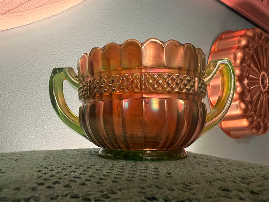 Vintage Northwood Lustre Flute green Alaska Carnival Glass double-handled sugar bowl
