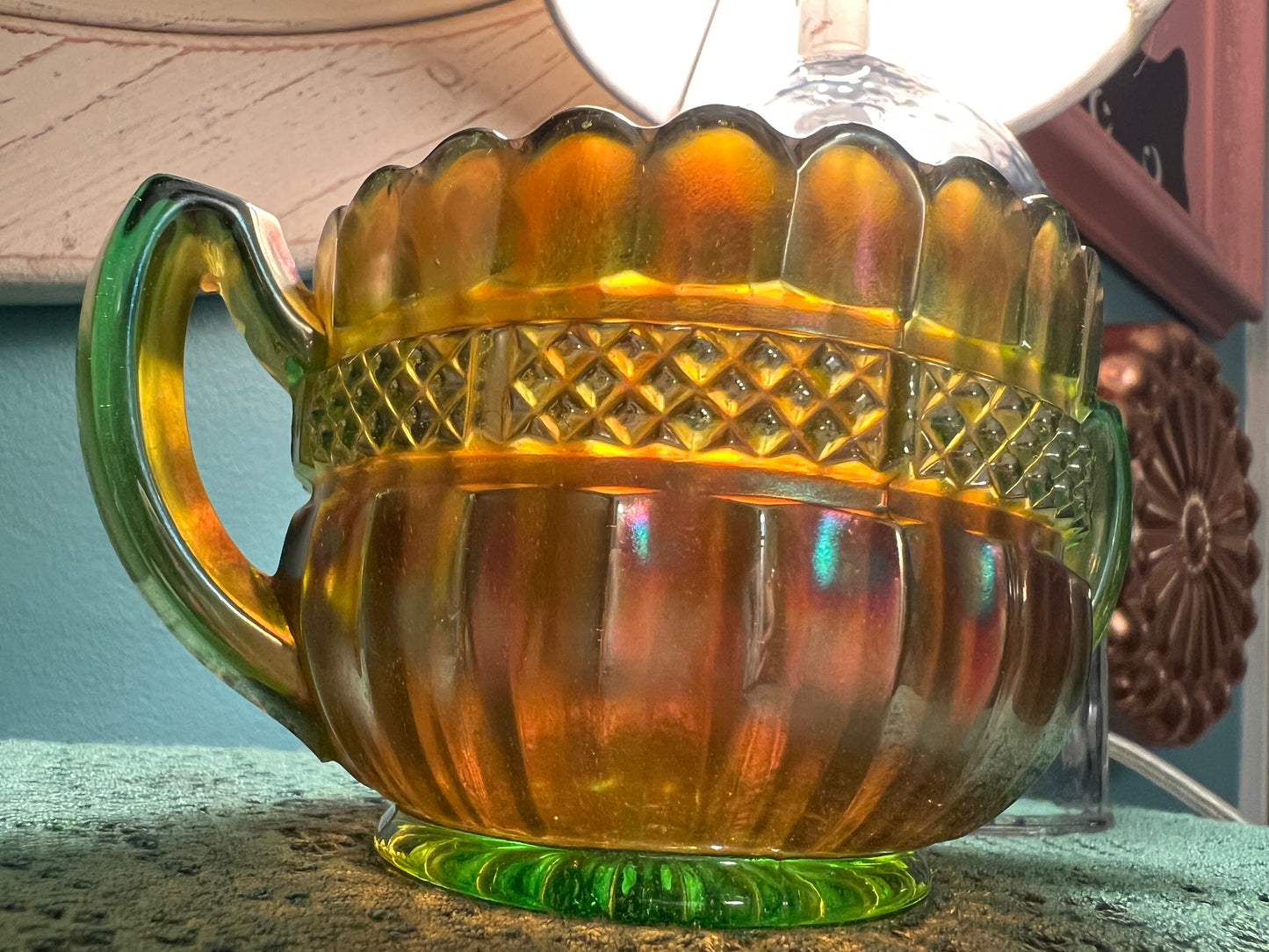 Antique Northwood green Alaska Carnival Glass sugar bowl for display or collection