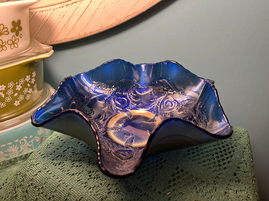 Antique Northwood Good Luck Blue Carnival Glass Bowl 9" | Vintage Glassware