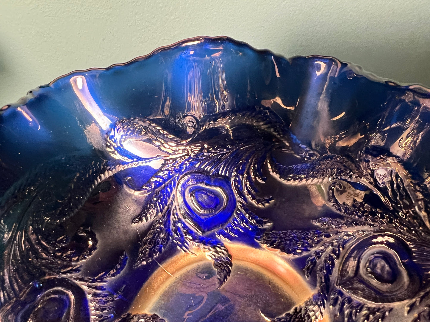 Antique Northwood Good Luck Blue Carnival Glass Bowl 9" | Vintage Glassware