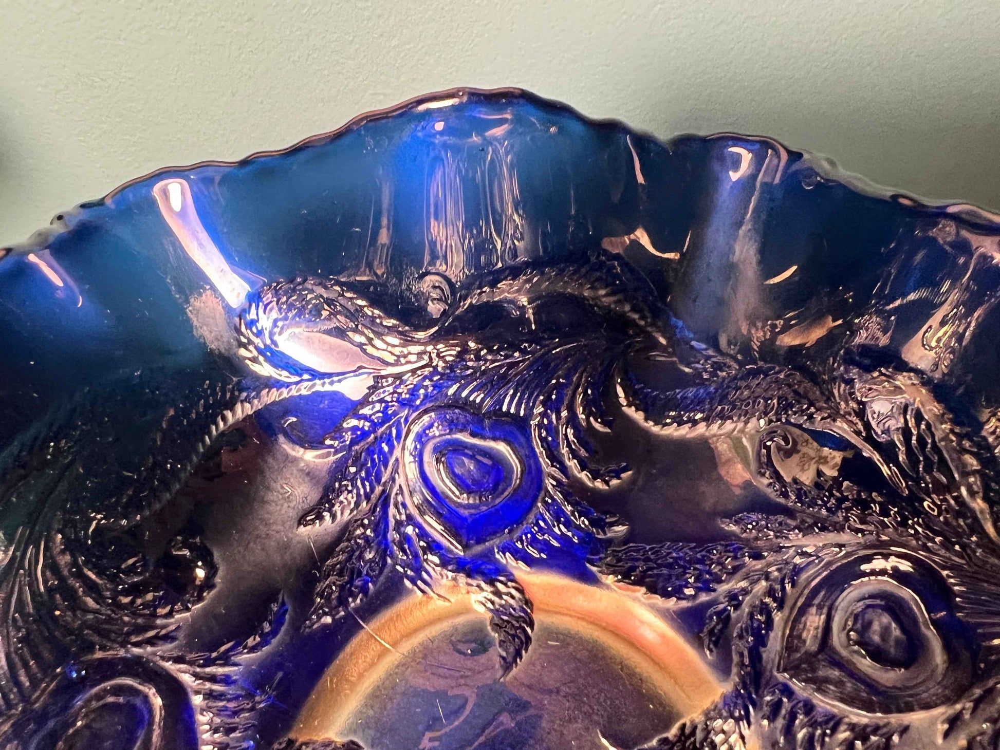 Antique Northwood Good Luck Blue Carnival Glass Bowl 9" | Vintage Glassware