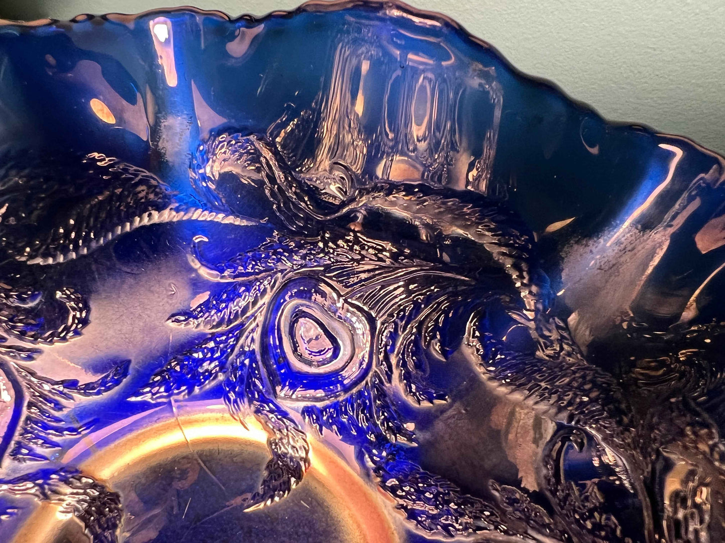 Antique Northwood Good Luck Blue Carnival Glass Bowl 9" | Vintage Glassware