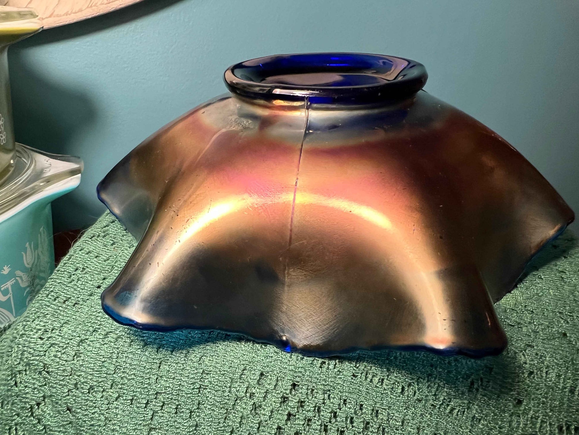 Antique Northwood Good Luck Blue Carnival Glass Bowl 9" | Vintage Glassware