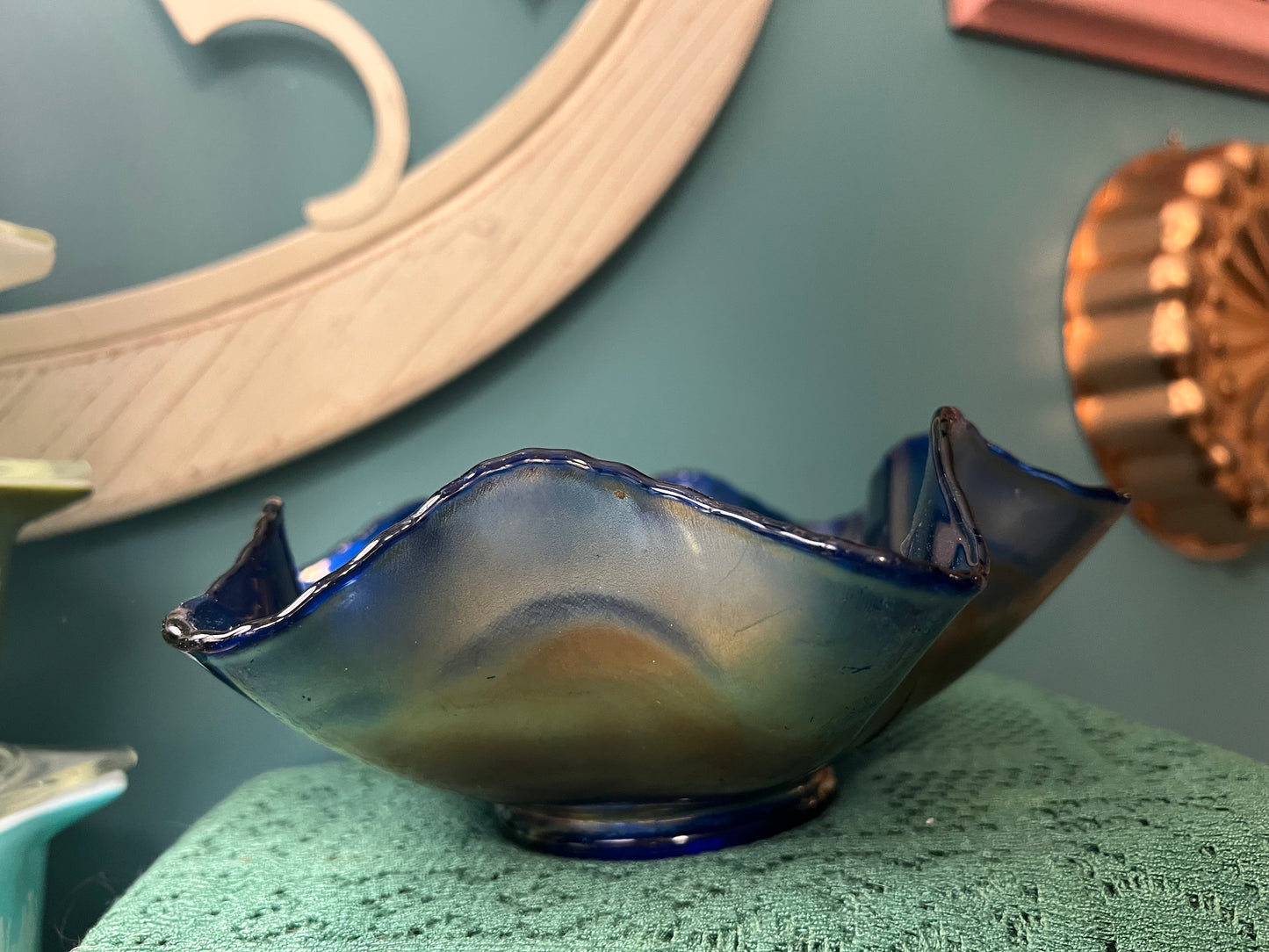 Antique Northwood Good Luck Blue Carnival Glass Bowl 9" | Vintage Glassware