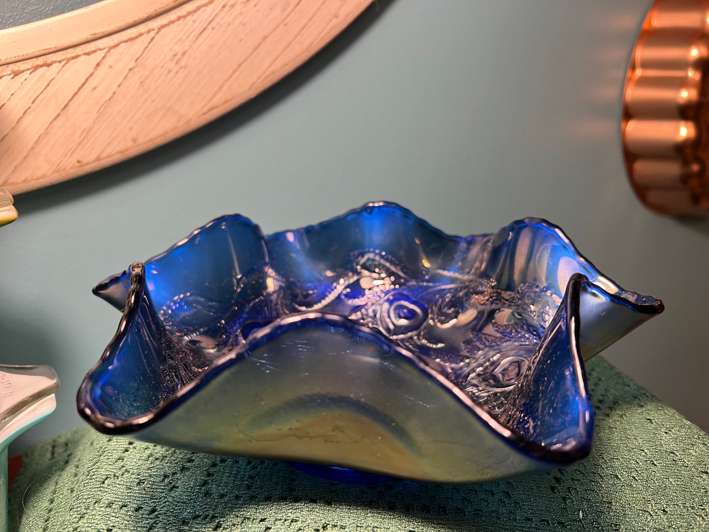 Antique Northwood Good Luck Blue Carnival Glass Bowl 9" | Vintage Glassware