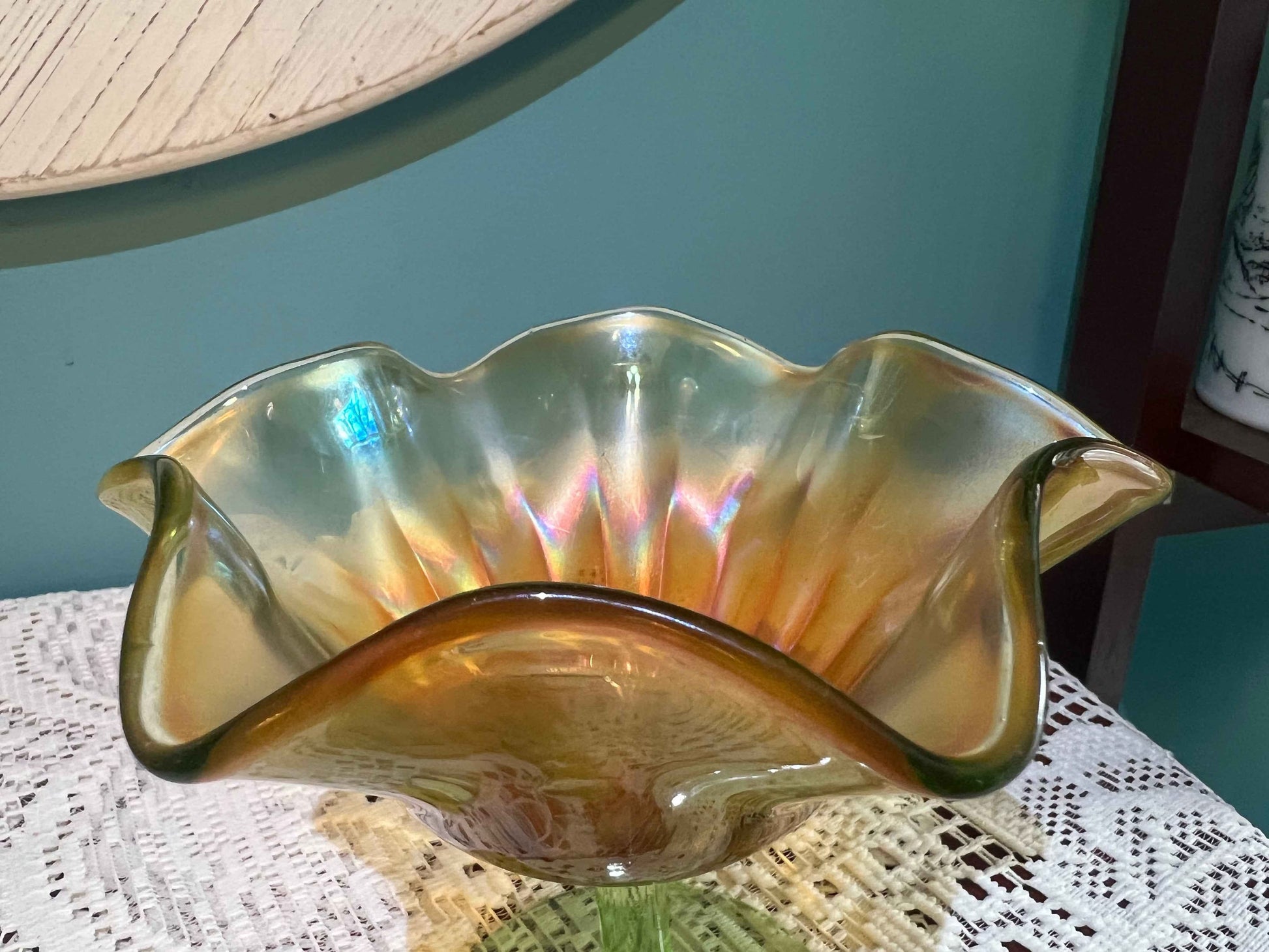 orthwood Marigold Smooth Ray Carnival Glass Compote | Vintage Glassware