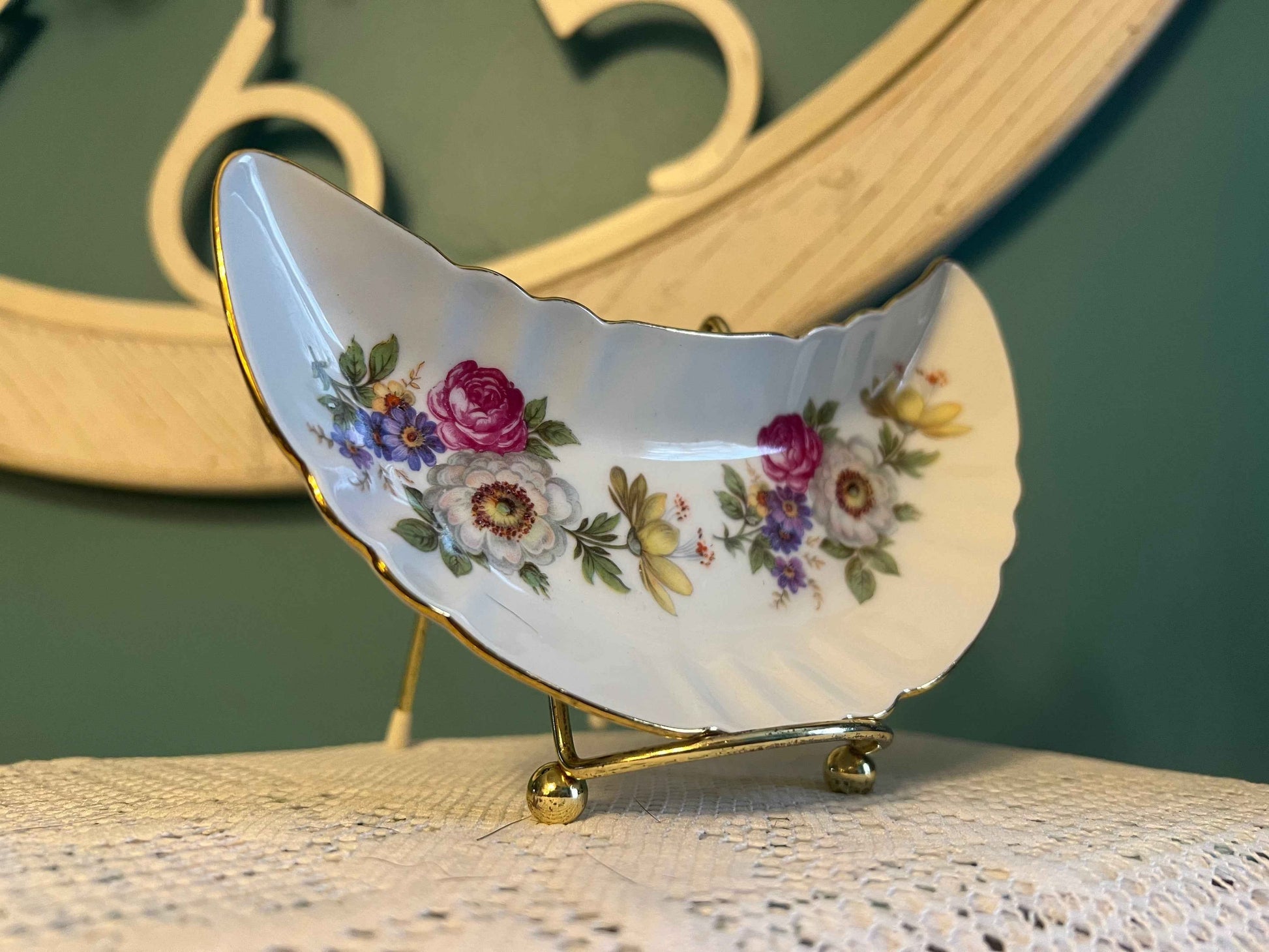 Old Nuremberg Bavaria Bone Dish | Floral Porcelain Crescent Dish | German Antique Tableware