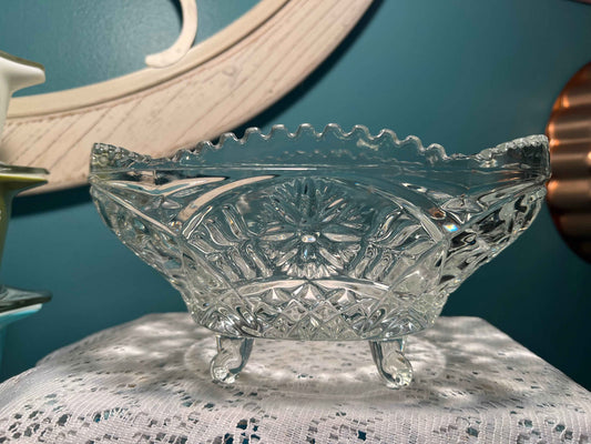 Vintage Oval Crystal Bowl | Sawtooth Rim | Pressed Floral Star Pattern | Glass Feet
