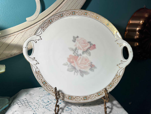 Antique P.T. Bavaria Handled Plate | Gold & Turquoise Trim | Floral Porcelain