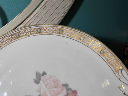 Antique P.T. Bavaria Handled Plate | Gold & Turquoise Trim | Floral Porcelain