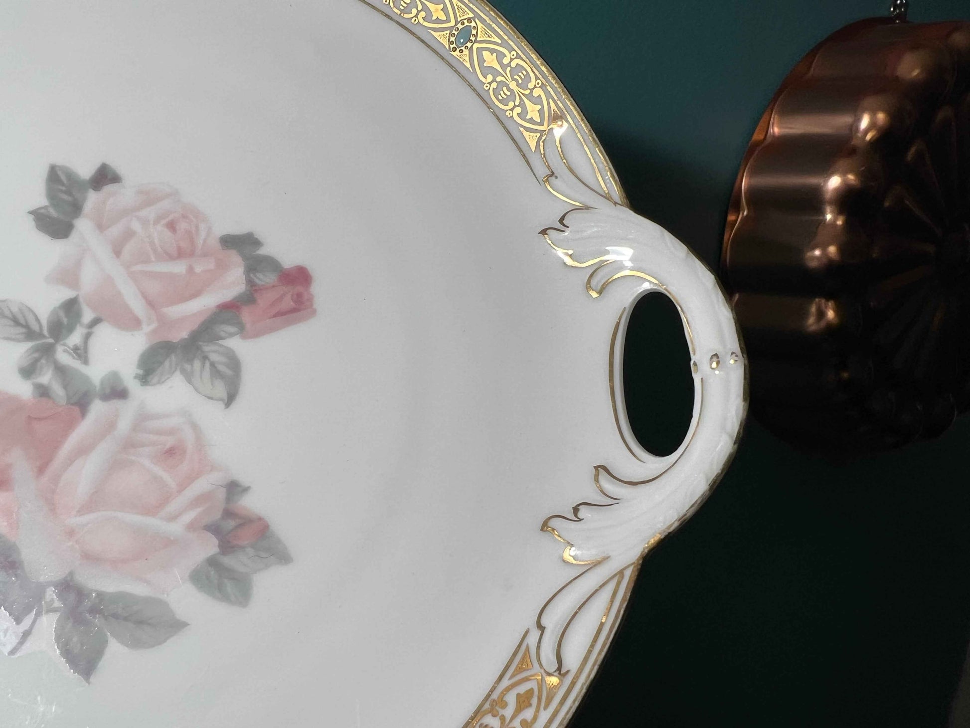 Antique P.T. Bavaria Handled Plate | Gold & Turquoise Trim | Floral Porcelain