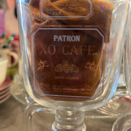 Vintage Patrón Tequila XO Café glass handled pedestal coffee mugs, set of 2