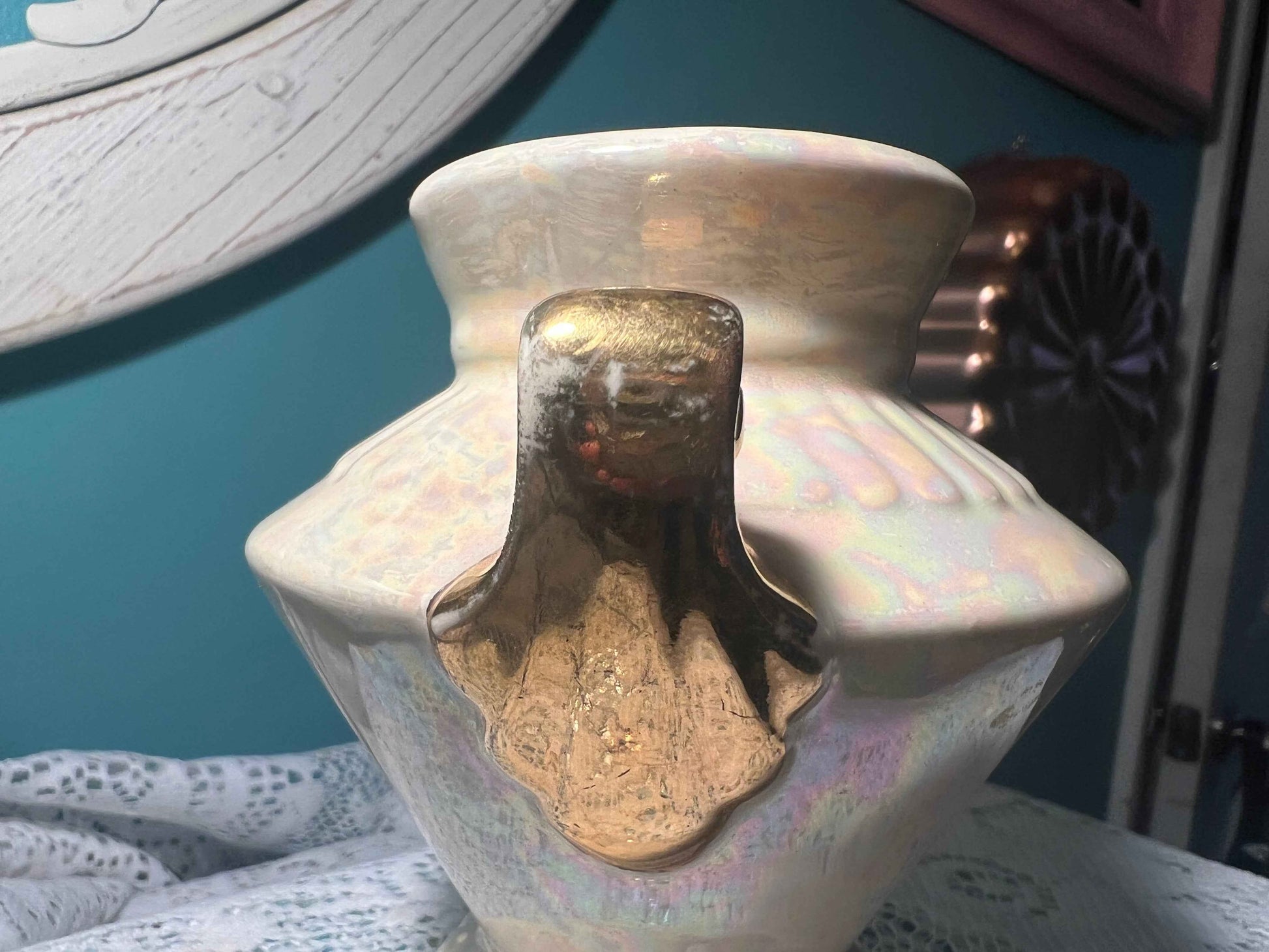 Vintage Lusterware Iridescent Vase | Pearl China Co. | Gold Tone Handles