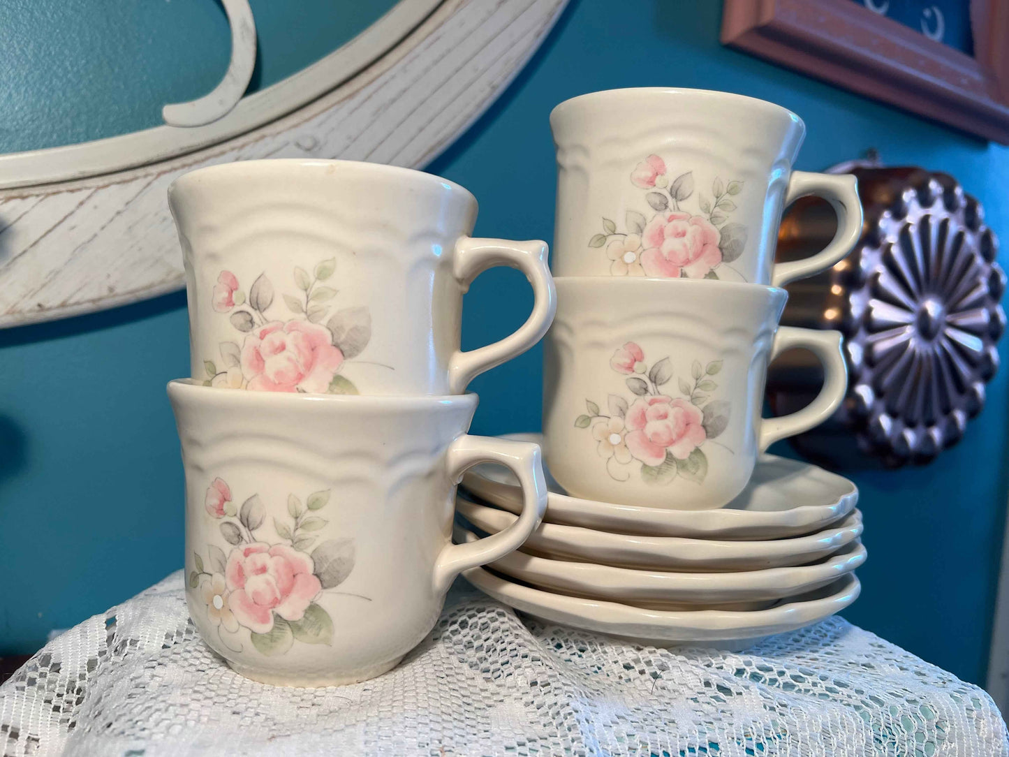 Vintage Pfaltzgraff Tea Rose Cup & Saucer - Set of 4 | Pink Floral on Ivory | Collectible Tableware