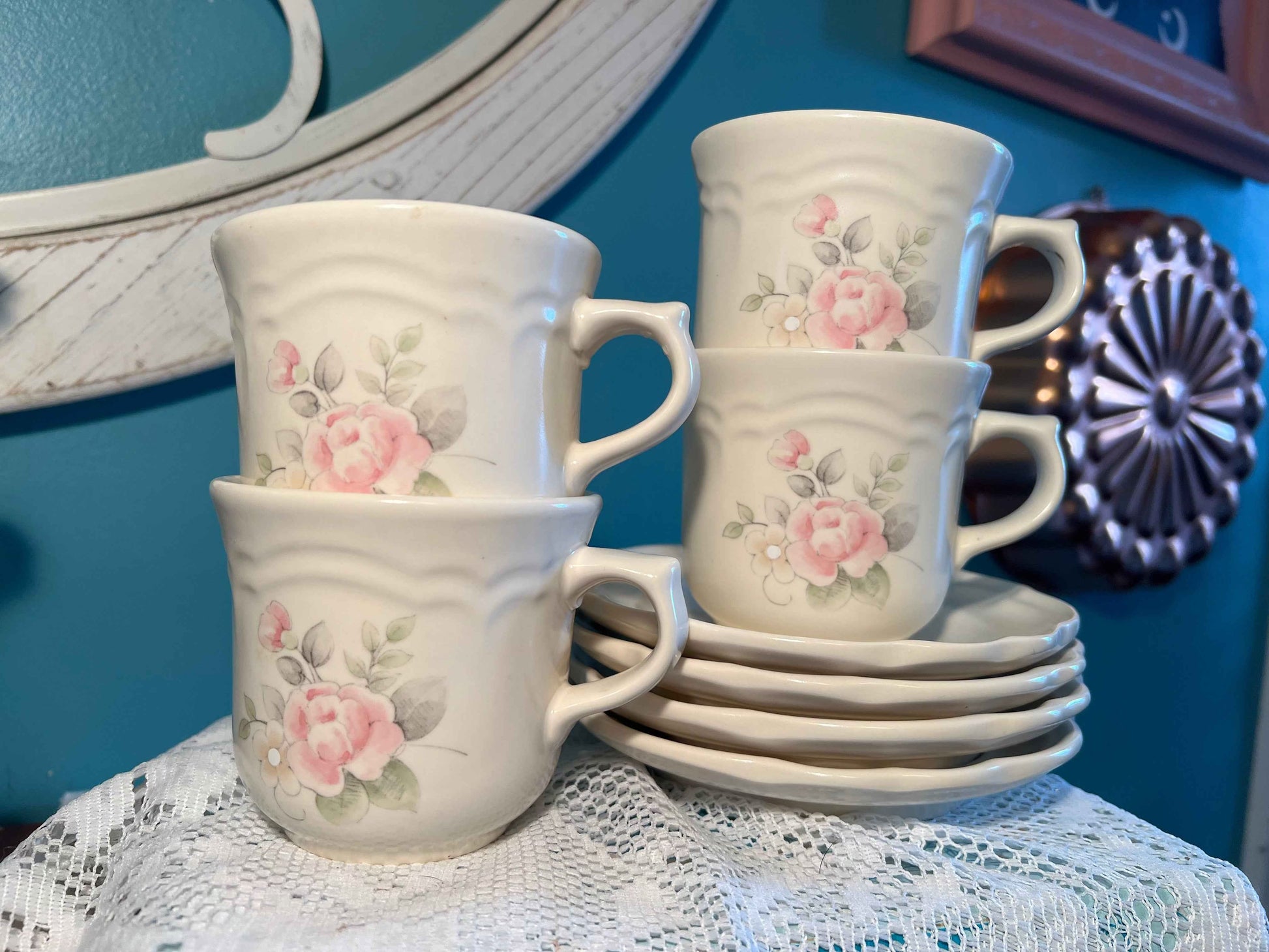 Vintage Pfaltzgraff Tea Rose Cup & Saucer - Set of 4 | Pink Floral on Ivory | Collectible Tableware