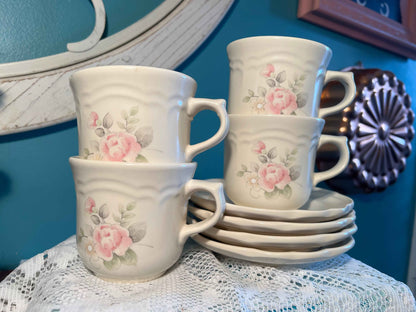 Vintage Pfaltzgraff Tea Rose Cup & Saucer - Set of 4 | Pink Floral on Ivory | Collectible Tableware