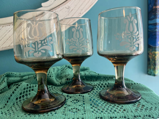 Vintage Pfaltzgraff Etched Glass Village goblets
