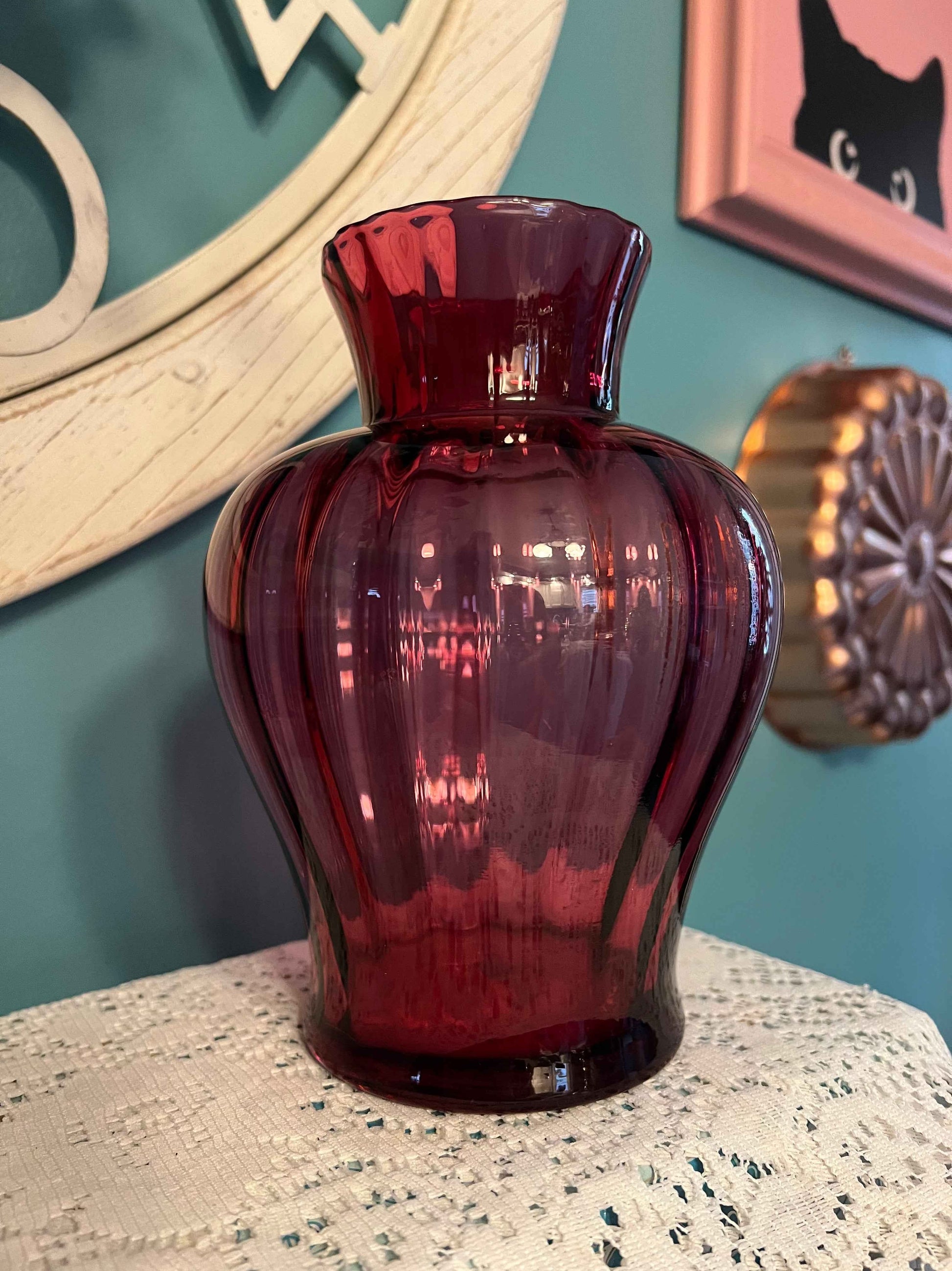 Pilgrim Palace Cranberry Glass Vase - 8" | Vintage Home Decor | Mid-Century Glassware