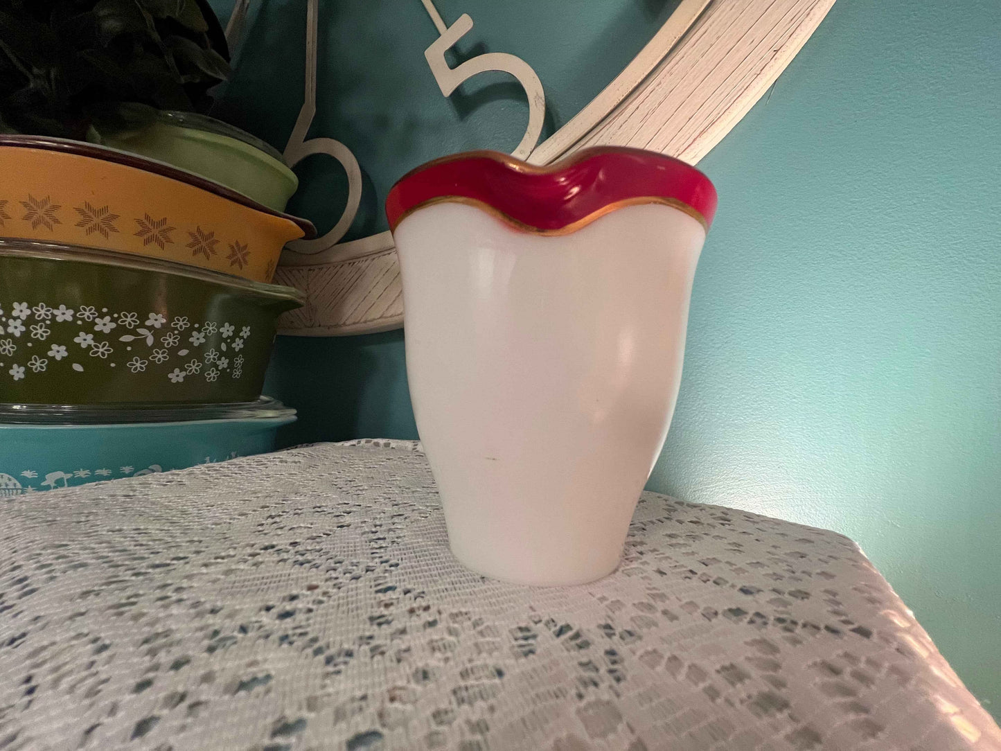 Ruby Red Pyrex Vintage Pyrex Ruby Red Gold Band Creamer – Milk Glass Burgundy Stripe ...