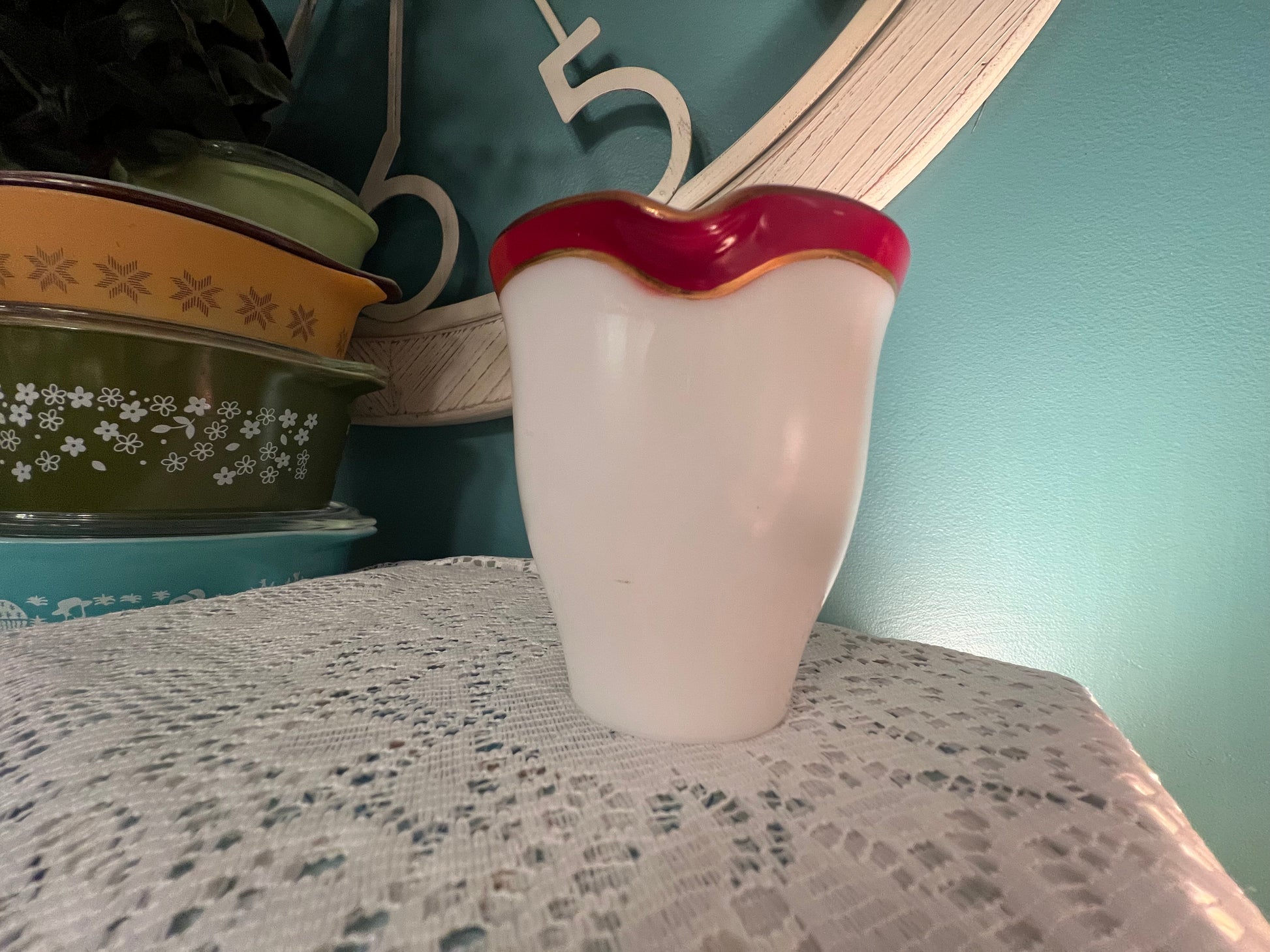 Vintage Pyrex Milk Glass Ruby Red Gold Band Creamer 8oz