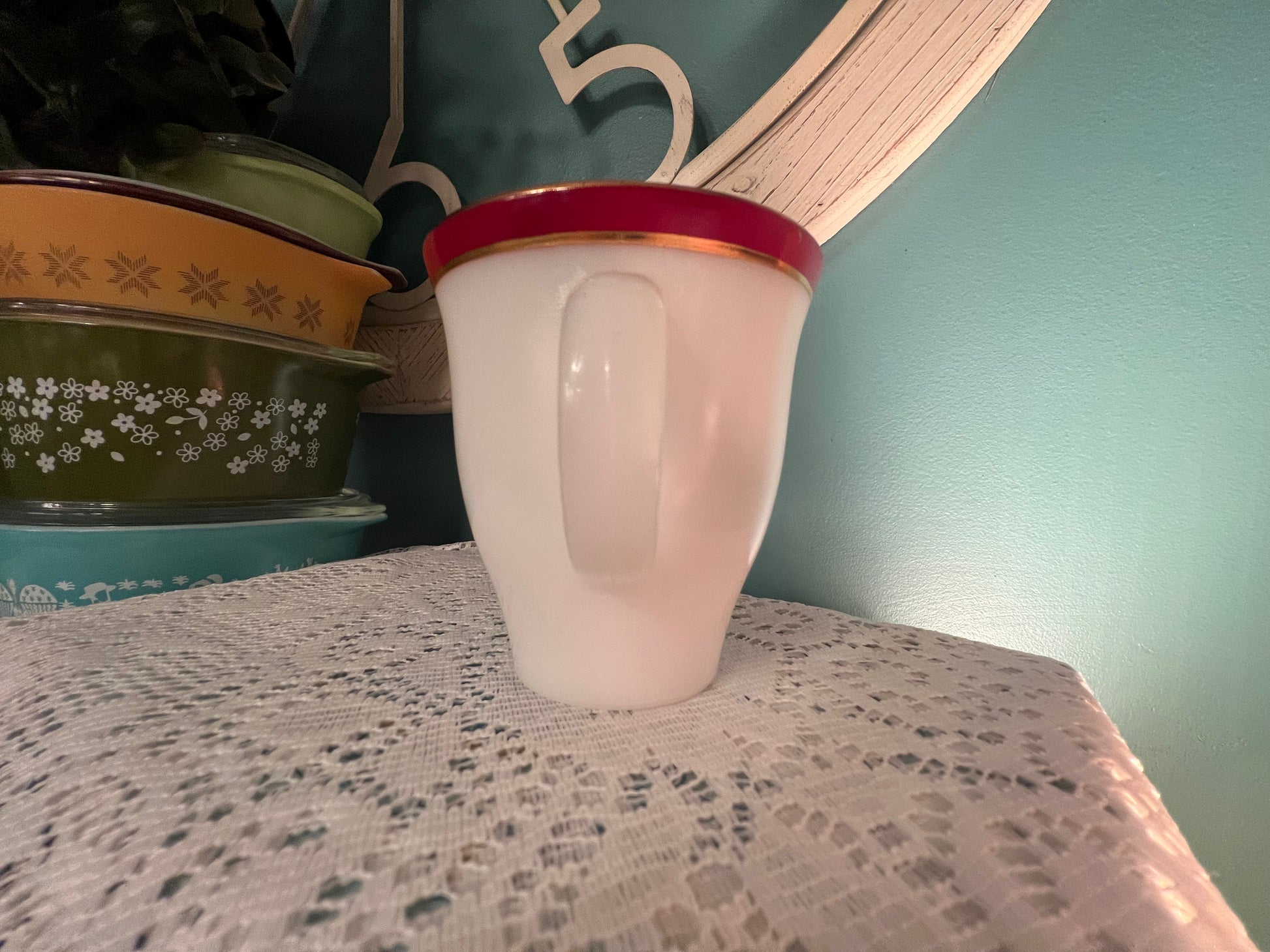 Authentic vintage Pyrex Ruby Red Gold Band cream pitcher