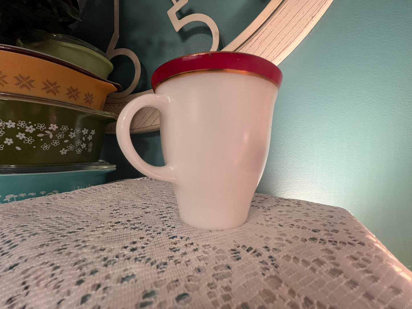 Collectible 1950s–1960s Pyrex Ruby Red Flamingo Red and Gold Stripe creamer