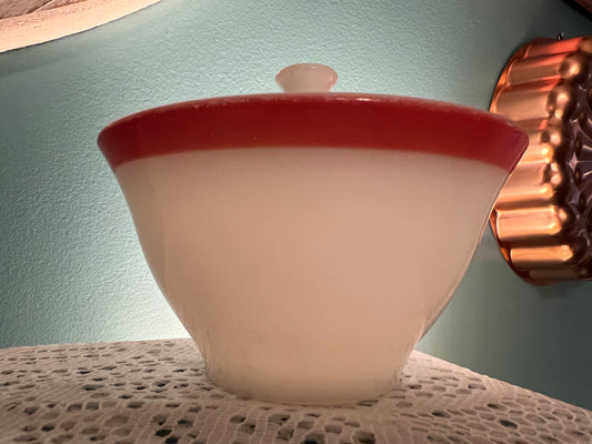 Vintage Pyrex Flamingo sugar bowl with lid in pink and white milk glass