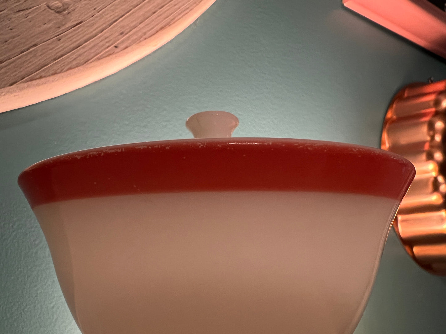 Compact vintage Pyrex Flamingo pattern sugar dish with lid for tabletop display