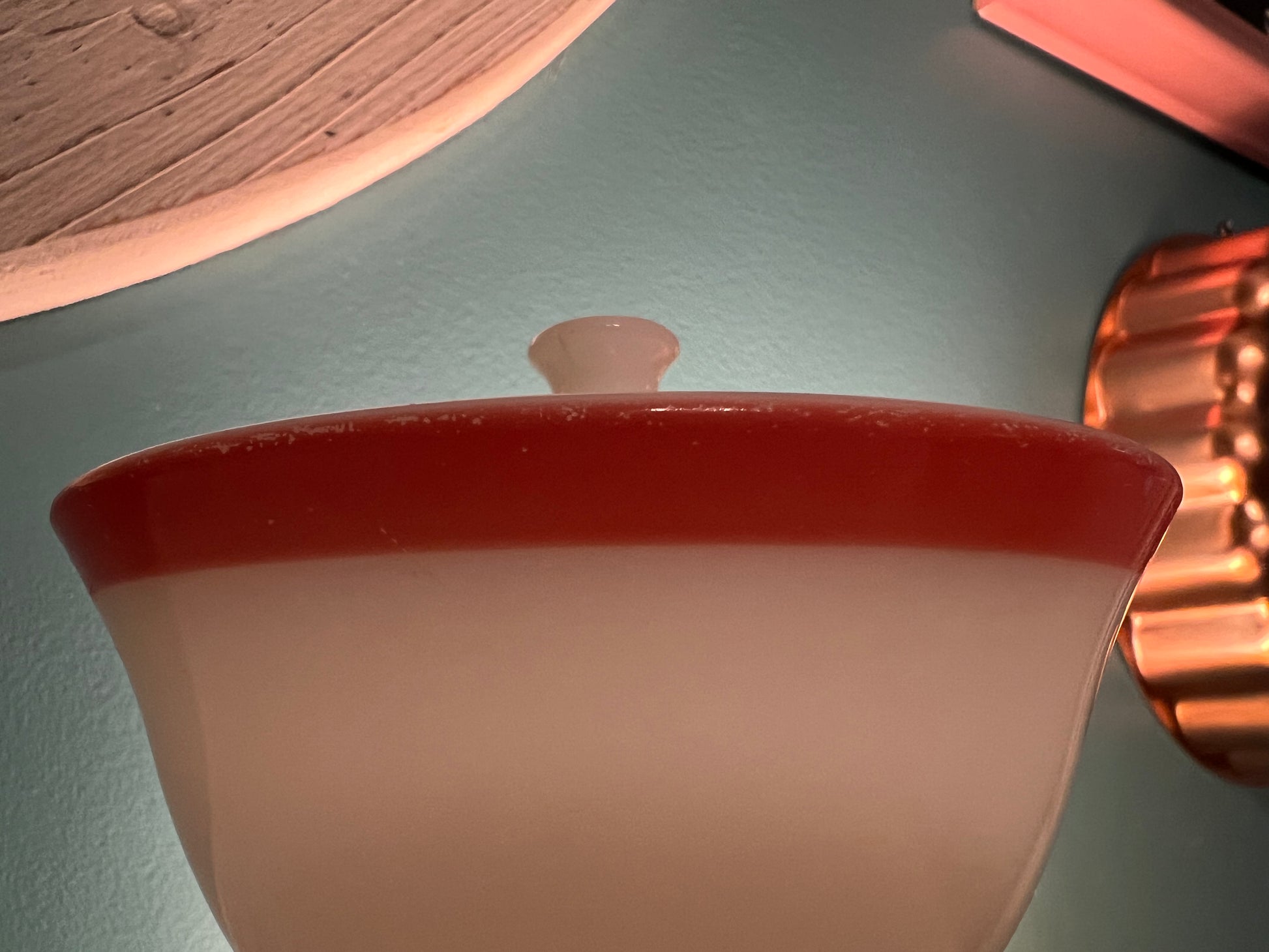 Compact vintage Pyrex Flamingo pattern sugar dish with lid for tabletop display