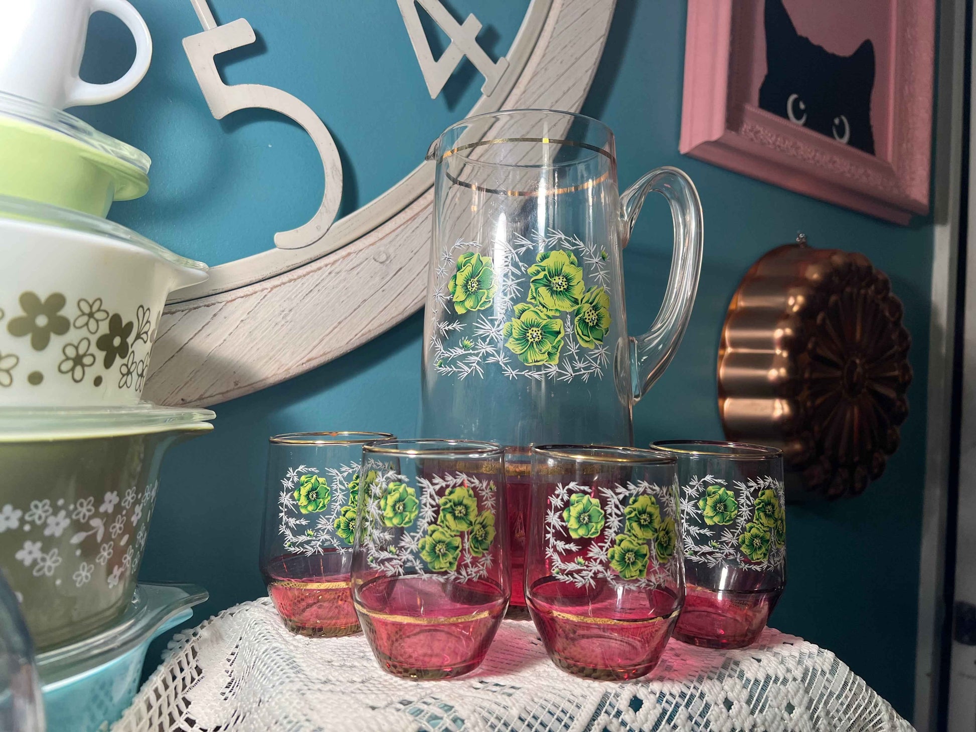 Vintage Floral Glass Pitcher & Tumbler Set Ruby Flash Base | Vintage Glassware