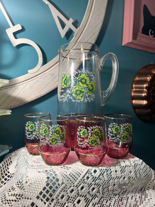 Vintage Floral Glass Pitcher & Tumbler Set Ruby Flash Base | Vintage Glassware