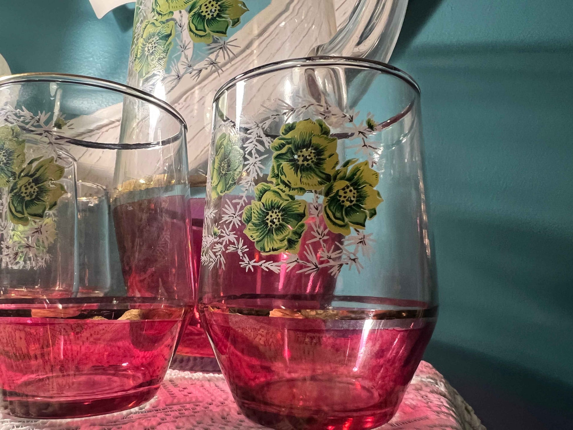 Vintage Floral Glass Pitcher & Tumbler Set Ruby Flash Base | Vintage Glassware
