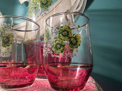 Vintage Floral Glass Pitcher & Tumbler Set Ruby Flash Base | Vintage Glassware