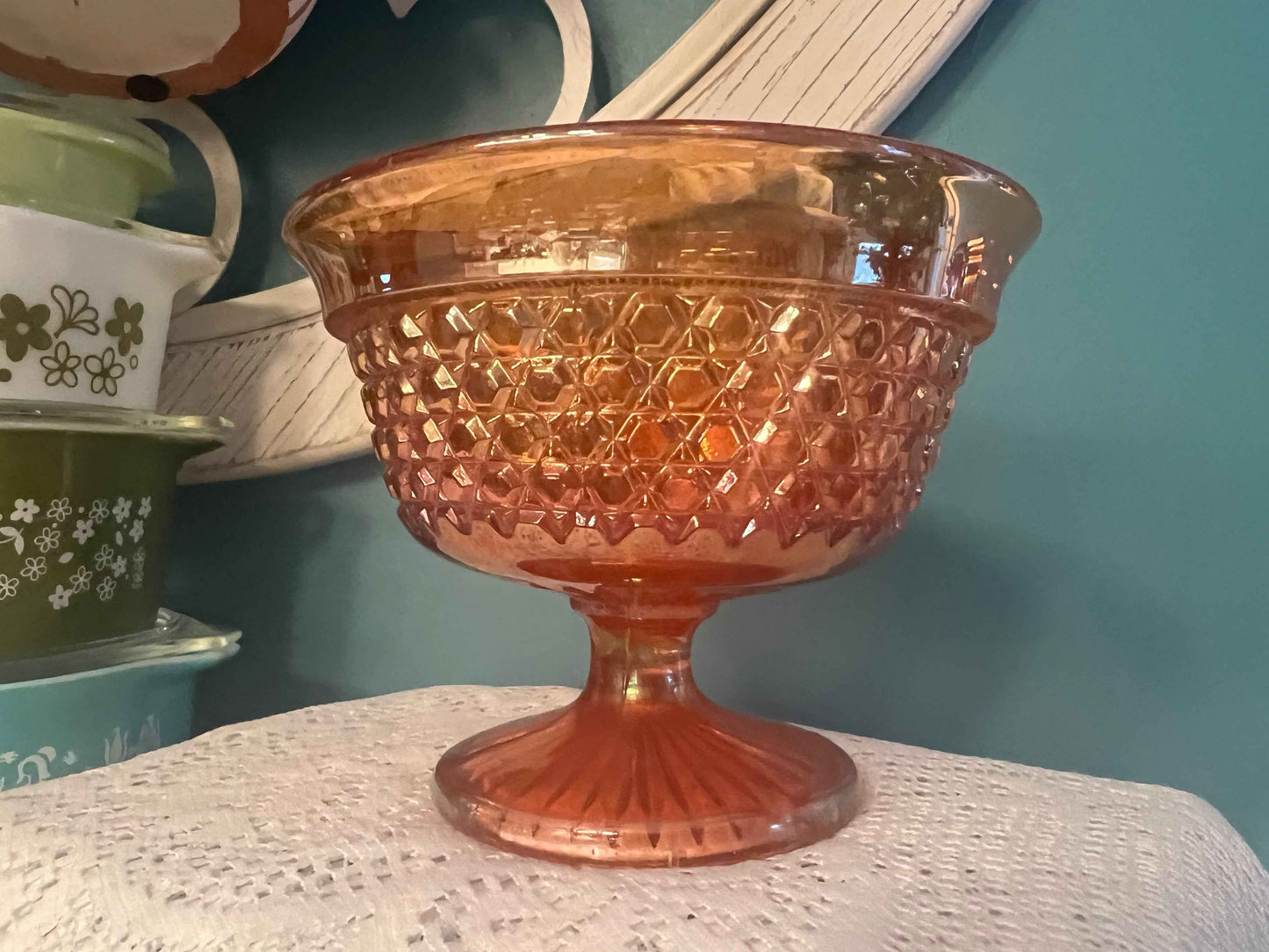 Sowerby Carnival Glass Crosshatch Compote | Marigold Peacock Head Logo | Vintage Glassware