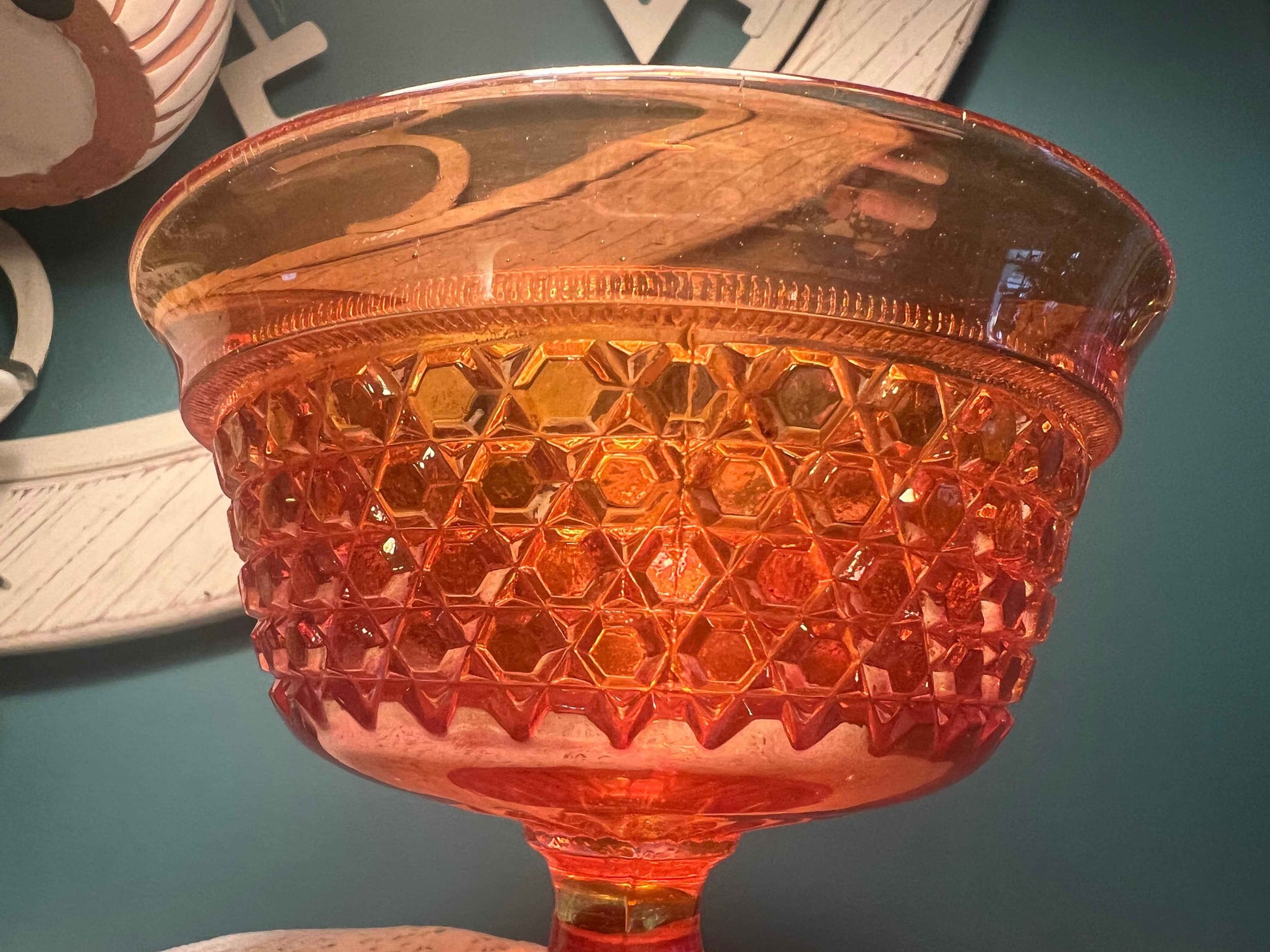 Sowerby Carnival Glass Crosshatch Compote | Marigold Peacock Head Logo | Vintage Glassware