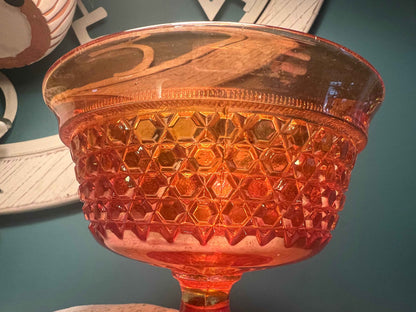 Sowerby Carnival Glass Crosshatch Compote | Marigold Peacock Head Logo | Vintage Glassware