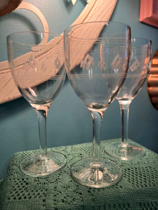 Standard Glass Criss Cross Bands - 3 Wine Glass | Collectible Stemware | Vintage Drinkware