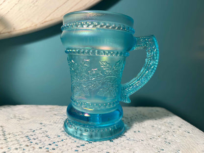 Vintage Summit Art Glass Ice Blue Carnival Mug | Beaded Holly | 4.25"