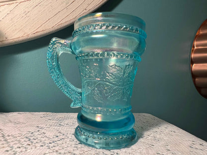 Vintage Summit Art Glass Ice Blue Carnival Mug | Beaded Holly | 4.25"