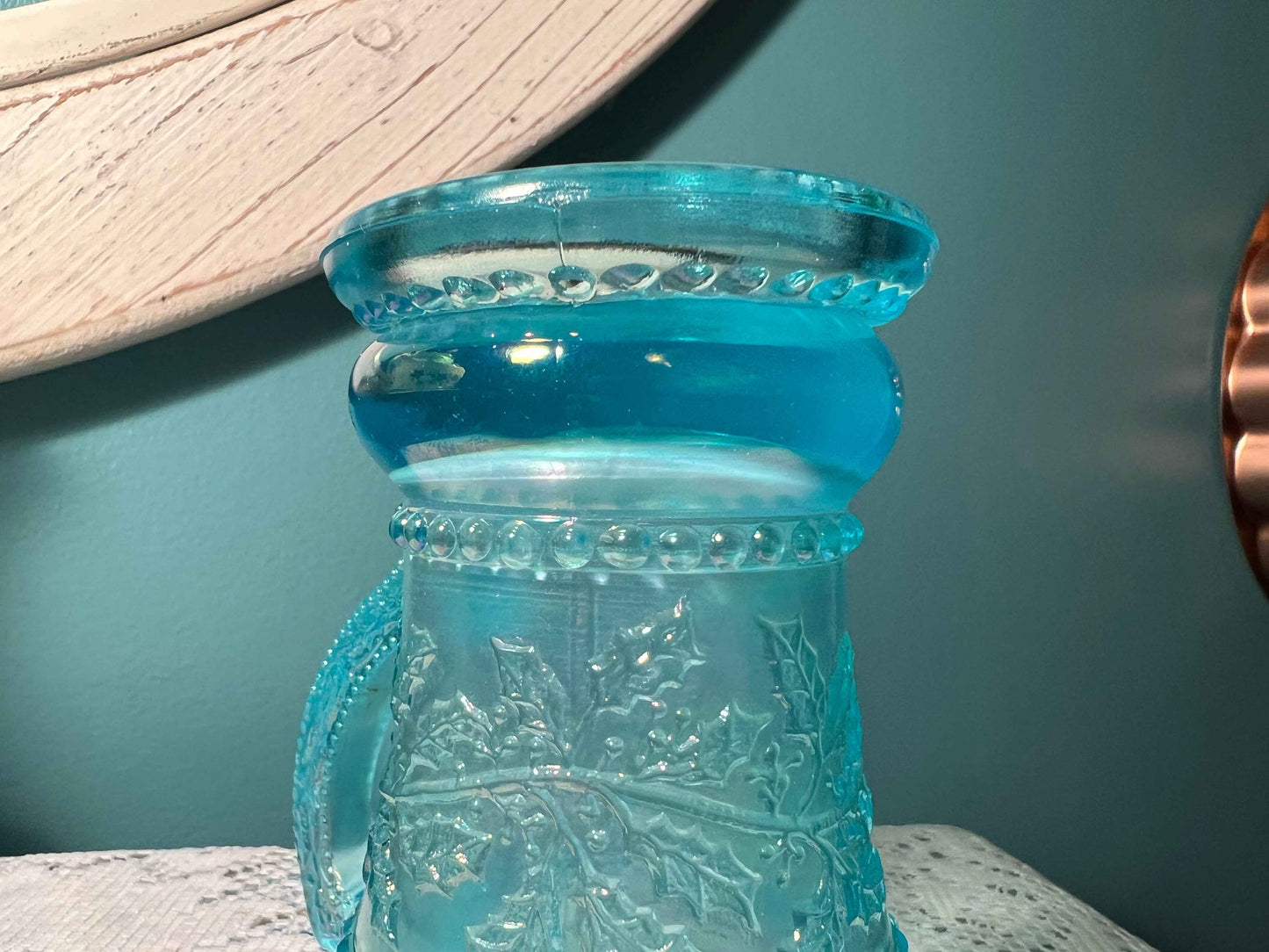 Vintage Summit Art Glass Ice Blue Carnival Mug | Beaded Holly | 4.25"