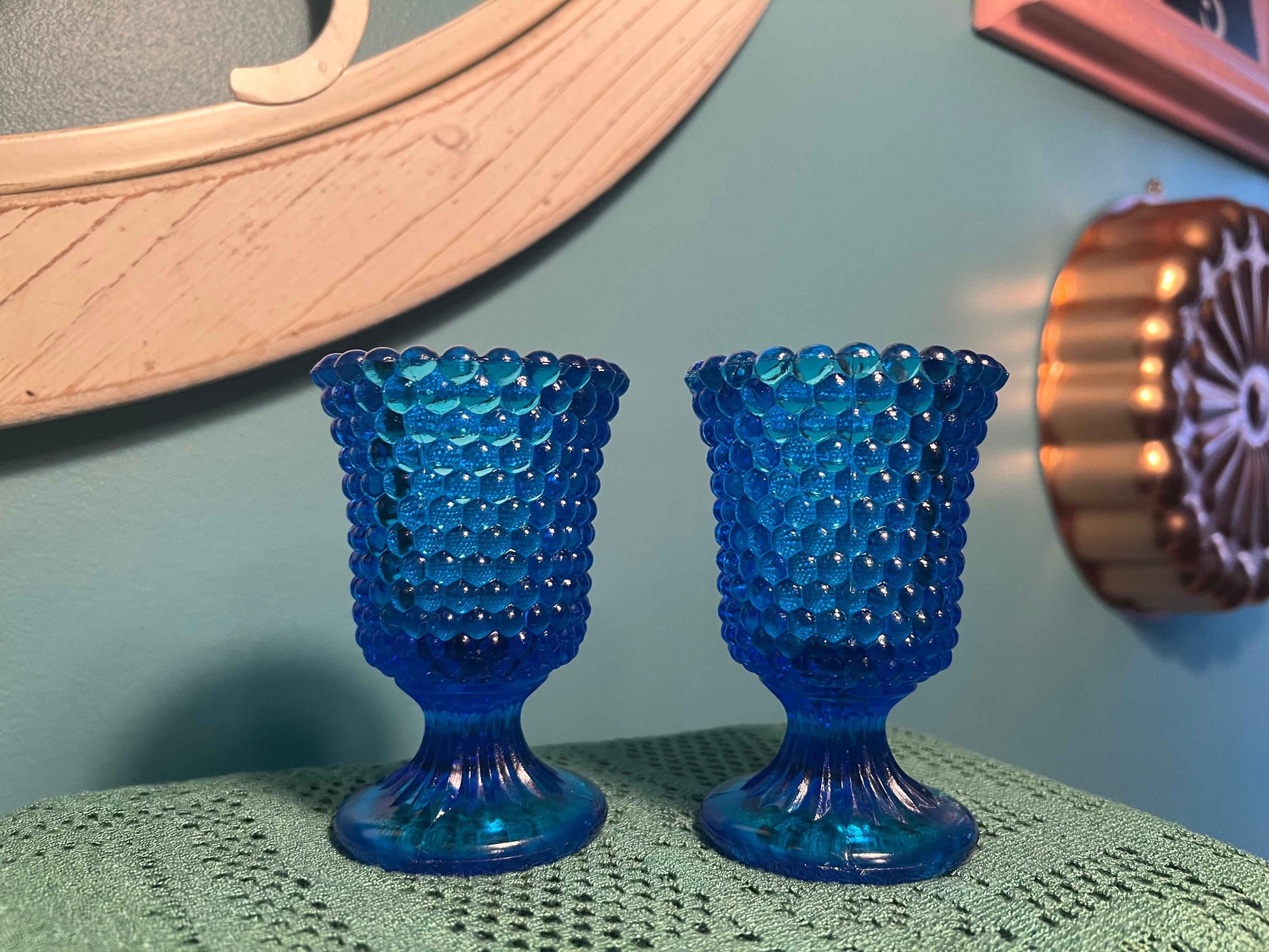 Vintage Cobalt Glass Votive Holders | Thousand Eye Pattern | Pair of Collectible Glassware