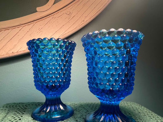 Vintage Cobalt Glass Votive Holders | Thousand Eye Pattern | Pair of Collectible Glassware